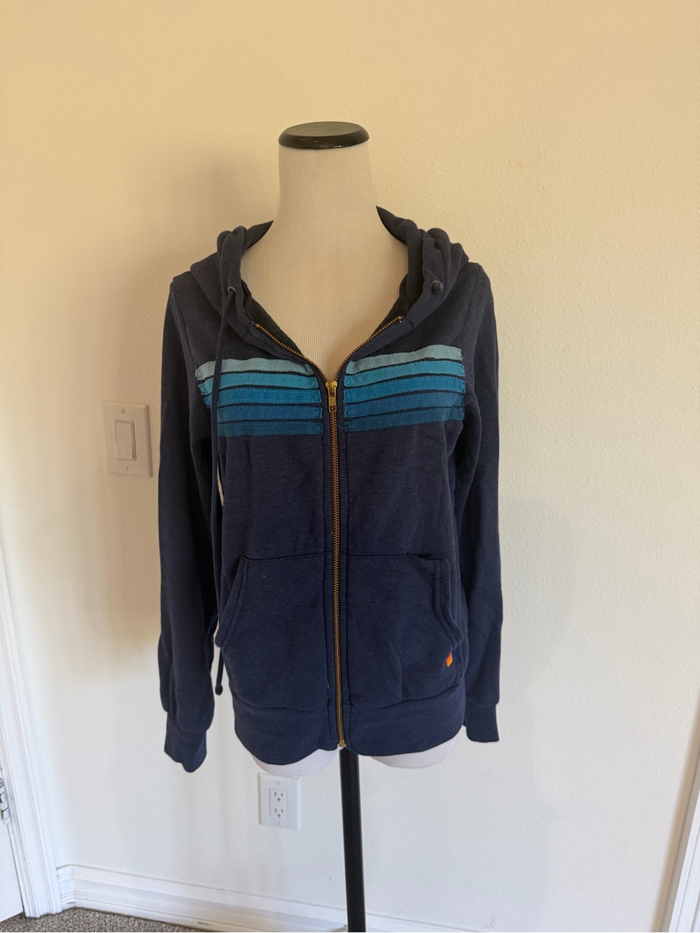 Aviator Nation Navy Zip Hoodie with Teal Stripe Details